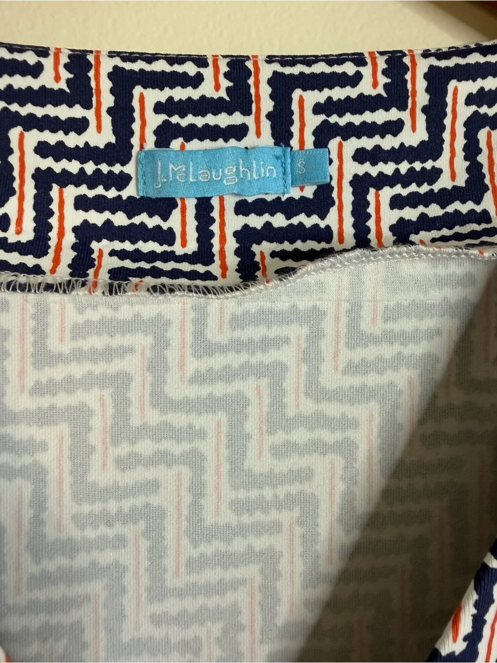 J McLaughlin Sz S Catalina Cloth Faux Wrap Dress 3/4 Sleeve Blue Red Stretch